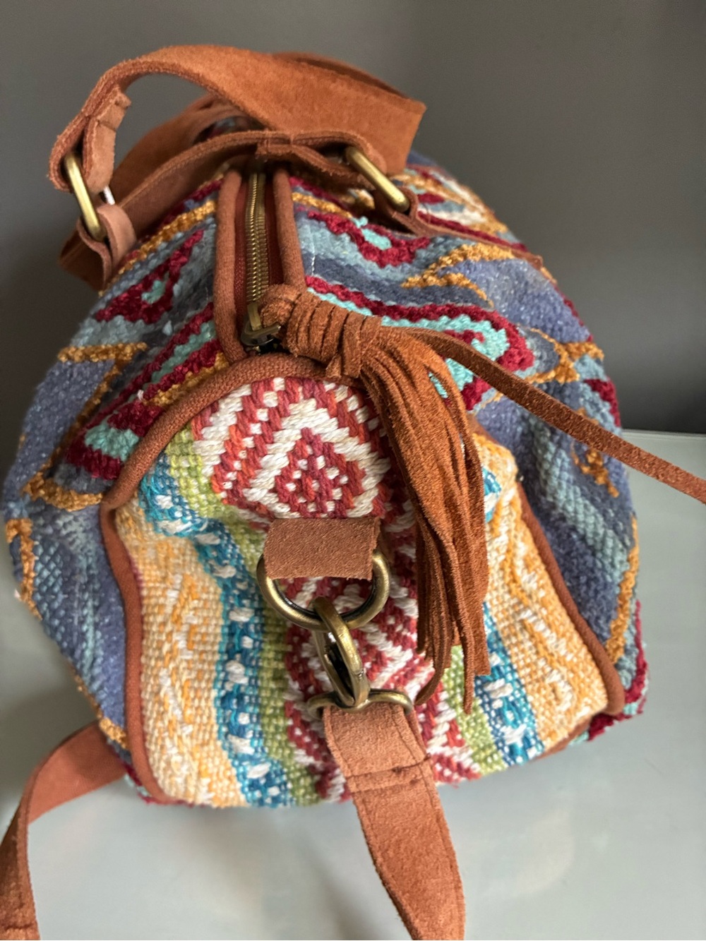 Southwestern Hippie Bohemian Tapestry textured Crossbody Bag with Top Handles - Picture 8 of 10